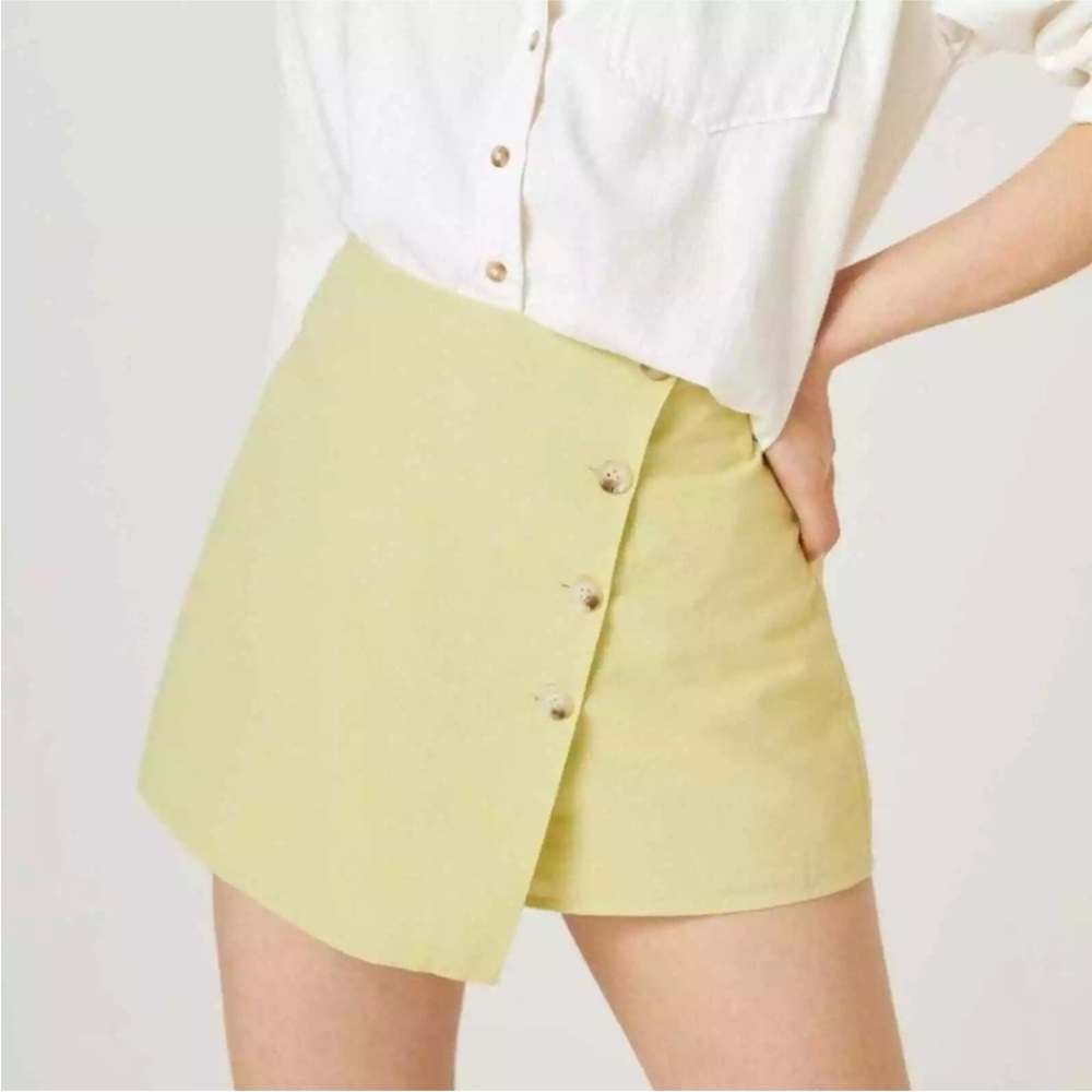 Anthropologie Flat White Button Wrap Mini Skort Yellow Green Small Linen